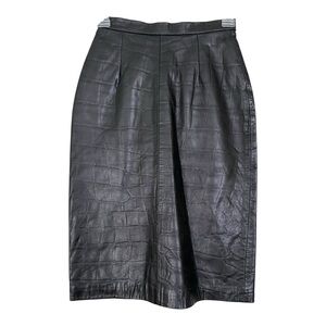 Vintage Michael Hoban North Beach Leather Croc-Embossed Black Pencil Skirt 3/4